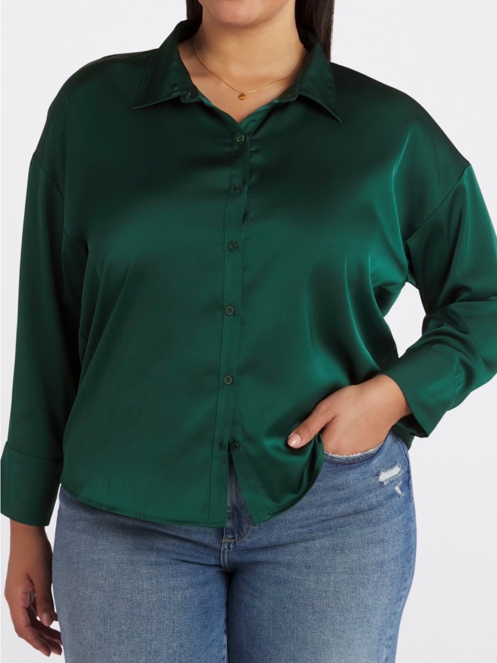Demi Satin Women's Relaxed Hi-Lo Button-Down Shirt in Emerald Green